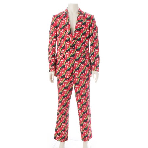 コムデギャルソンオムプリュス ローリングストーンズ AD2005 シルク ナイロン リップ総柄 ジャケット パンツセットアップ PQ-J041 レッド グリーン M