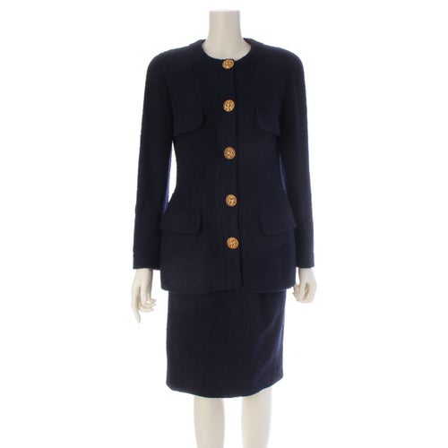 シャネル 90s 1992-1993 ヴィンテージ クロスデザインボタン ノーカラーツイード スカートセットアップ 20446 ネイビー 38