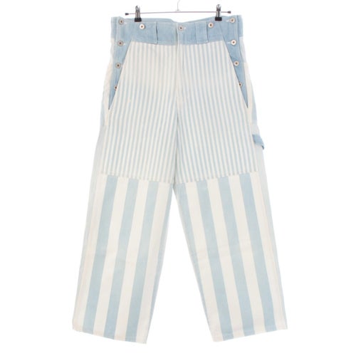 イッセイミヤケ 1991AW 90s I.S. イッセイ スポーツ コットン レザーパッチ ストライプ バギー ワイド パンツ IS12-FF005 ライトブルー ホワイト M