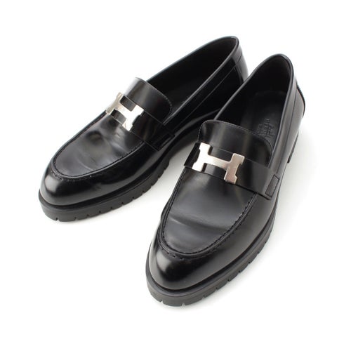 エルメス レザー フォーブル コンスタンス モカシン ローファー シューズ ブラック シルバー金具 37