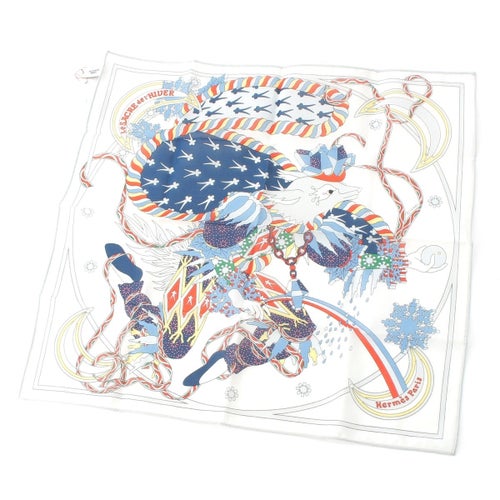 エルメス カレ45 コットン Le Sacre de l’Hiver 冬の祭典 スカーフ ハンカチ ホワイト マルチカラー