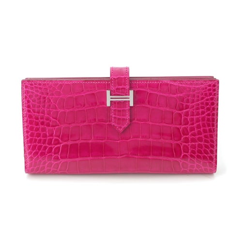 エルメス □Q刻印 13年 ベアンスフレ アリゲーター シルバー金具 長財布 ウォレット ローズシェヘラザード