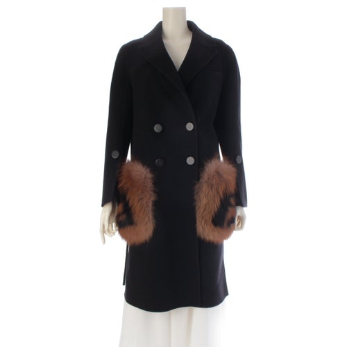 フェンディ ウール フォックスファー FFロゴ ダブルブレスト チェスター コート アウター FF8521 ブラック 36