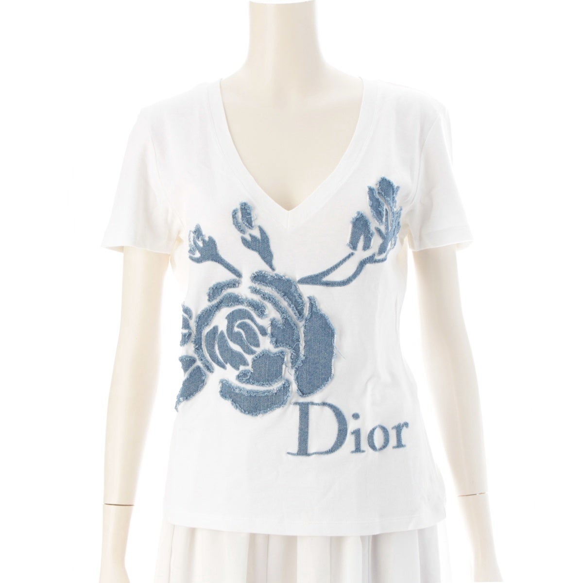 ディオール 05SS コットン ガリアーノ期 デニム ローズ ロゴ パッチワーク 半袖Ｔシャツ 5A16155593 ホワイト 44【中古】 ディオール 05SS コットン ガリアーノ期 デニム ローズ ロゴ パッチ