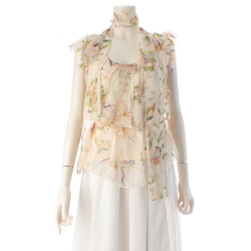 ディオール 06年 シルク フローラル プリント フリル ノースリーブ ブラウス 6P12055211 ベージュ 38