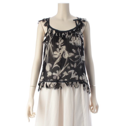 シャネル 04S シルク シフォン レザートリム ココマーク ノースリーブ カットソー ブラウス P23369 ブラック×グレー 40