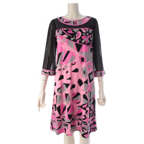 レオナール アセテート×ポリエステル カンカン素材 シースルー ワンピース 0160224 ピンク×ブラック 38