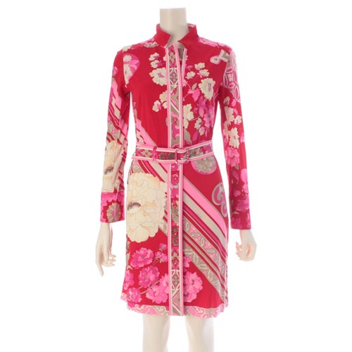 レオナール カンカン素材 花柄 長袖 ベルト付き ワンピース レッド 1