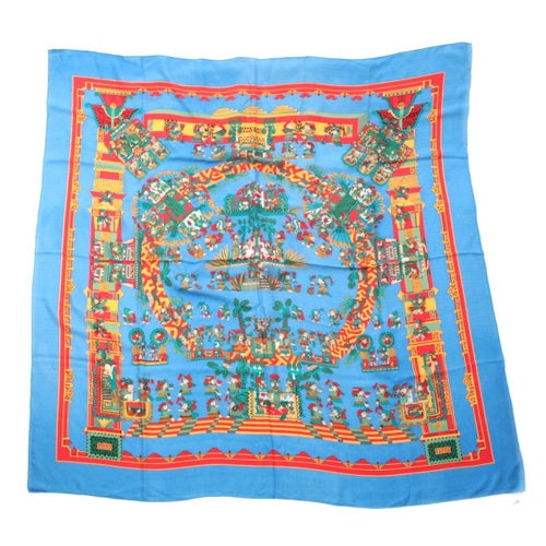 エルメス カシミヤ×シルク カレジェアン カレ140 ASTRES et SOLEILS 天体と太陽 スカーフ ブルー系