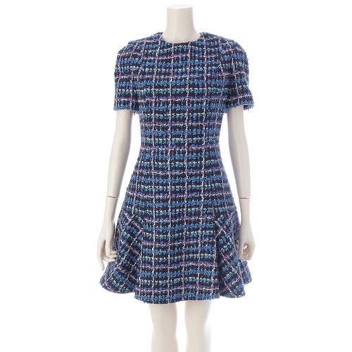 ルイヴィトン 2022 ウール ナイロン シルク ツイード 半袖 スケーター ワンピース ブルー 34