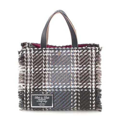 エーディーエムジェイ ツイードツイル フリンジ チェック トート ハンドバッグ ネイビー グレー