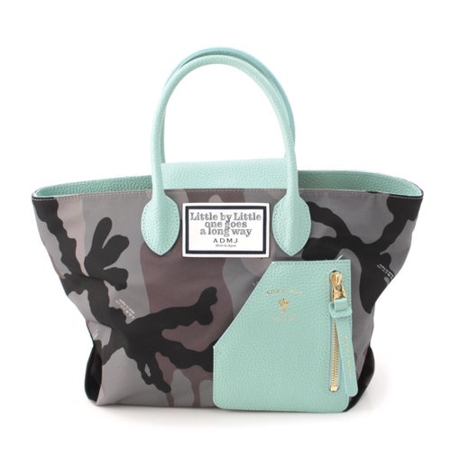 エーディーエムジェイ レザー ナイロン 明細 カモフラ ハンドバッグ グレー ライトブルー系