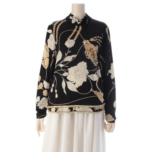 レオナール ウール×シルク ビジュー柄 タートルネック 長袖 カットソー トップス 0369631 ブラック×ゴールド 42