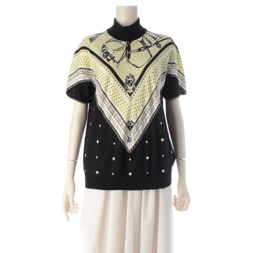 エルメス HARNAIS DE COUR BANDANA カシミヤ×シルク ツイルレーヌ モックネック 半袖 トップス カットソー ブラック×ライトグリーン 38