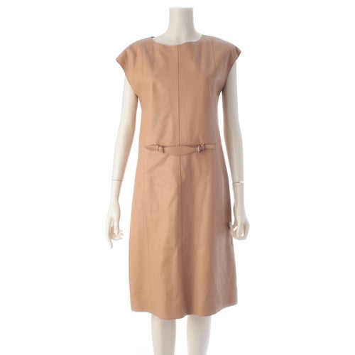 エルメス ディアスキンレザー ノースリーブ ワンピース ドレス ベージュ系 38