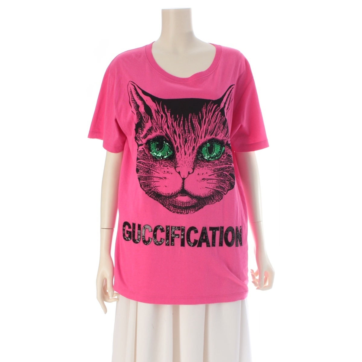 グッチ ミスティックキャット スパンコール 半袖Ｔシャツ カットソー トップス 492347-X3L42 ピンク XS【中古】 GUCCI - グッチ ミスティックキャット スパンコール 半袖Tシャツ