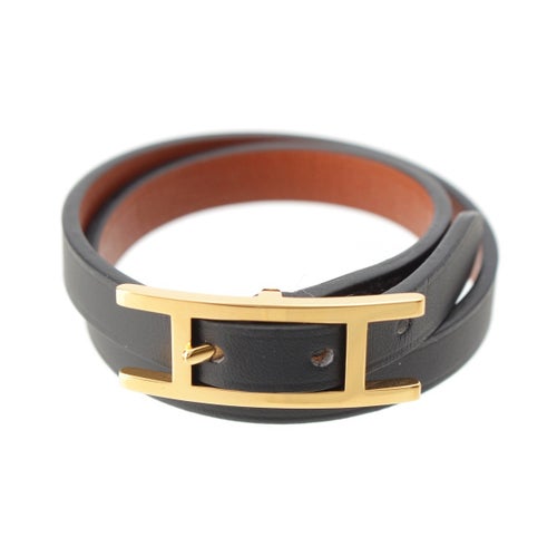 エルメス ビーアピ ドゥーブルトゥール レザー ブレスレット 腕輪 アクセサリー ブラック×ゴールド T1