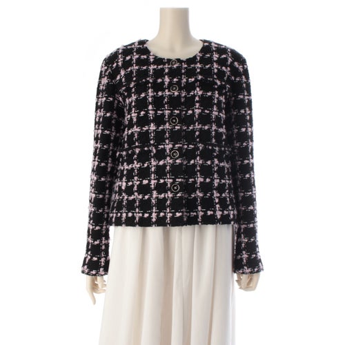 シャネル 25‐26AW 25B ツイード ノーカラー ジャケット P80405 ブラック ピンク 42