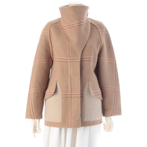 エルメス カシミヤ ダブルフェイス チェック コート ジャケット アウター ベージュ ブラウン 34