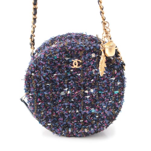 シャネル マトラッセ ツイード ココマーク ラウンド チェーン ショルダーバッグ ゴールド金具 パープル