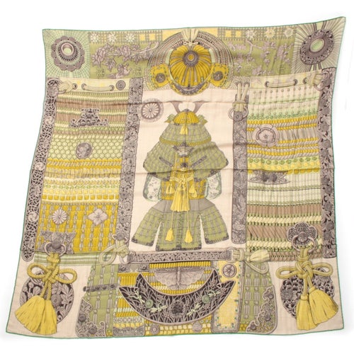 エルメス カレジェアン カシミヤ シルク 侍の鎧兜 Parures de Samourais スカーフ ストール グリーン 140