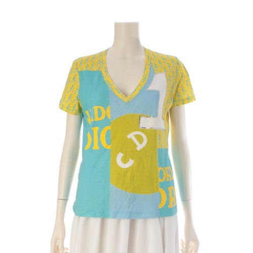 クリスチャンディオール ガリアーノ期 J'ADIOR トロッター ラインストーン ナンバリング Vネック 半袖Ｔシャツ トップス 5E16155950 イエロー ブルー 40