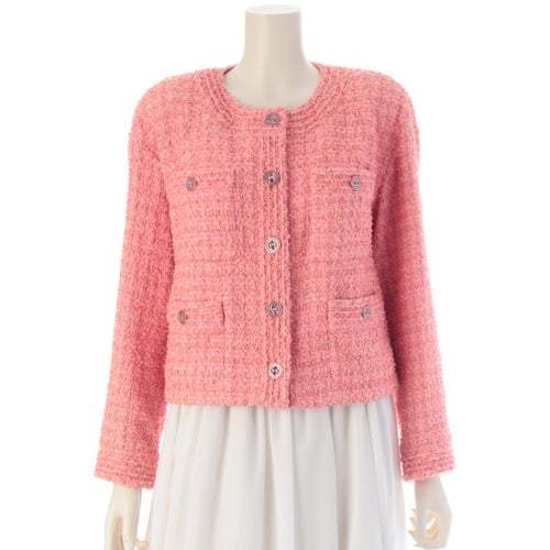 シャネル コットン CC ココマーク ツイード ノーカラージャケット P63187 ピンク 36