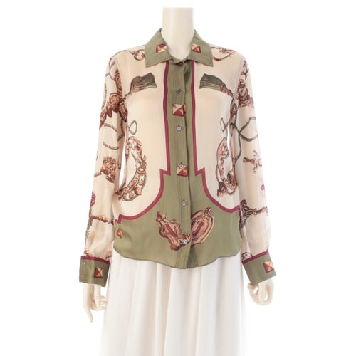 エルメス ゴルチエ期 LES CLES シルク 鍵 シアー ブラウス 長袖 トップス グリーン 36