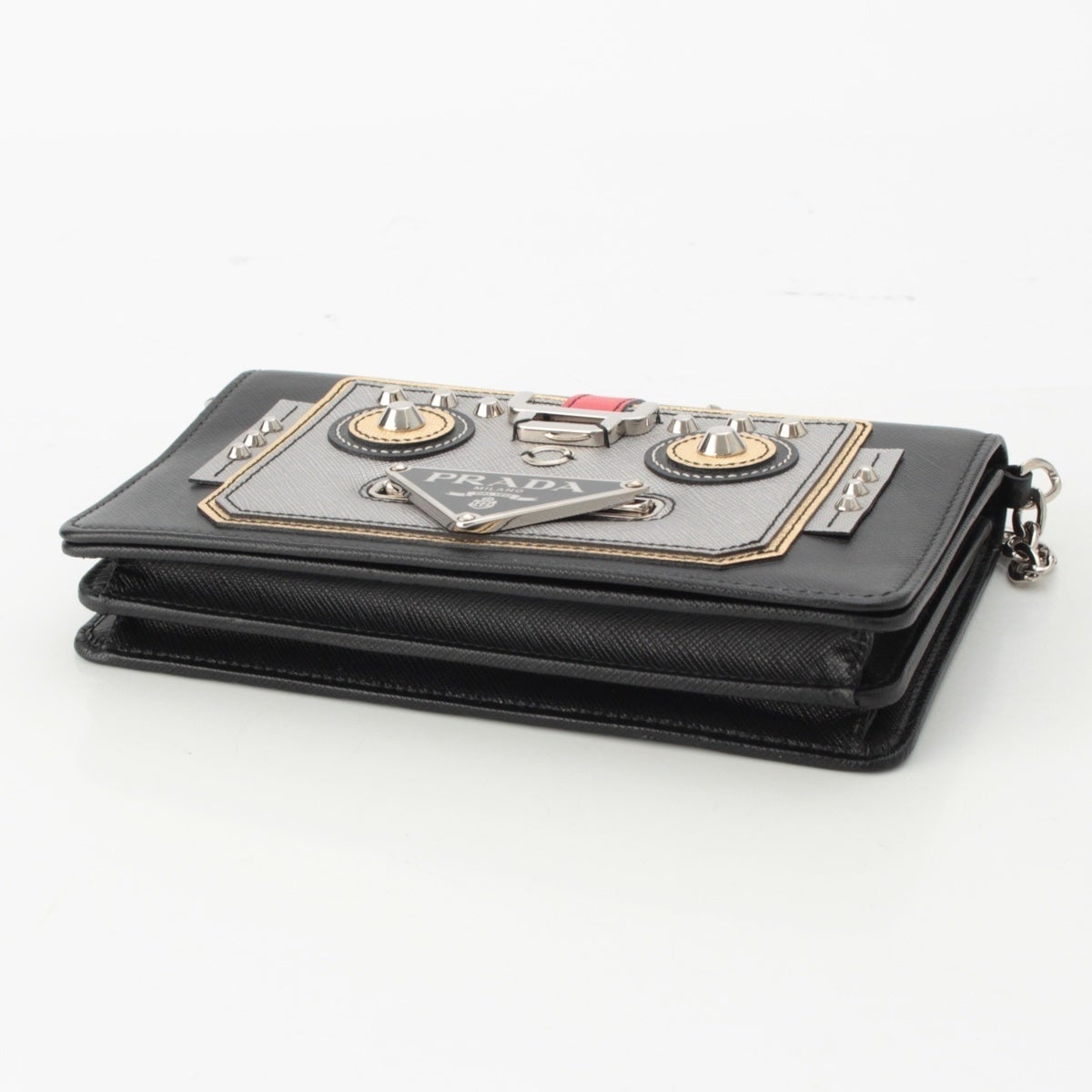 【良品】PRADA プラダ ロボット チェーンショルダー ハンドバッグ プラダ Robot ロボット レザー トライアングルロゴ チェーン