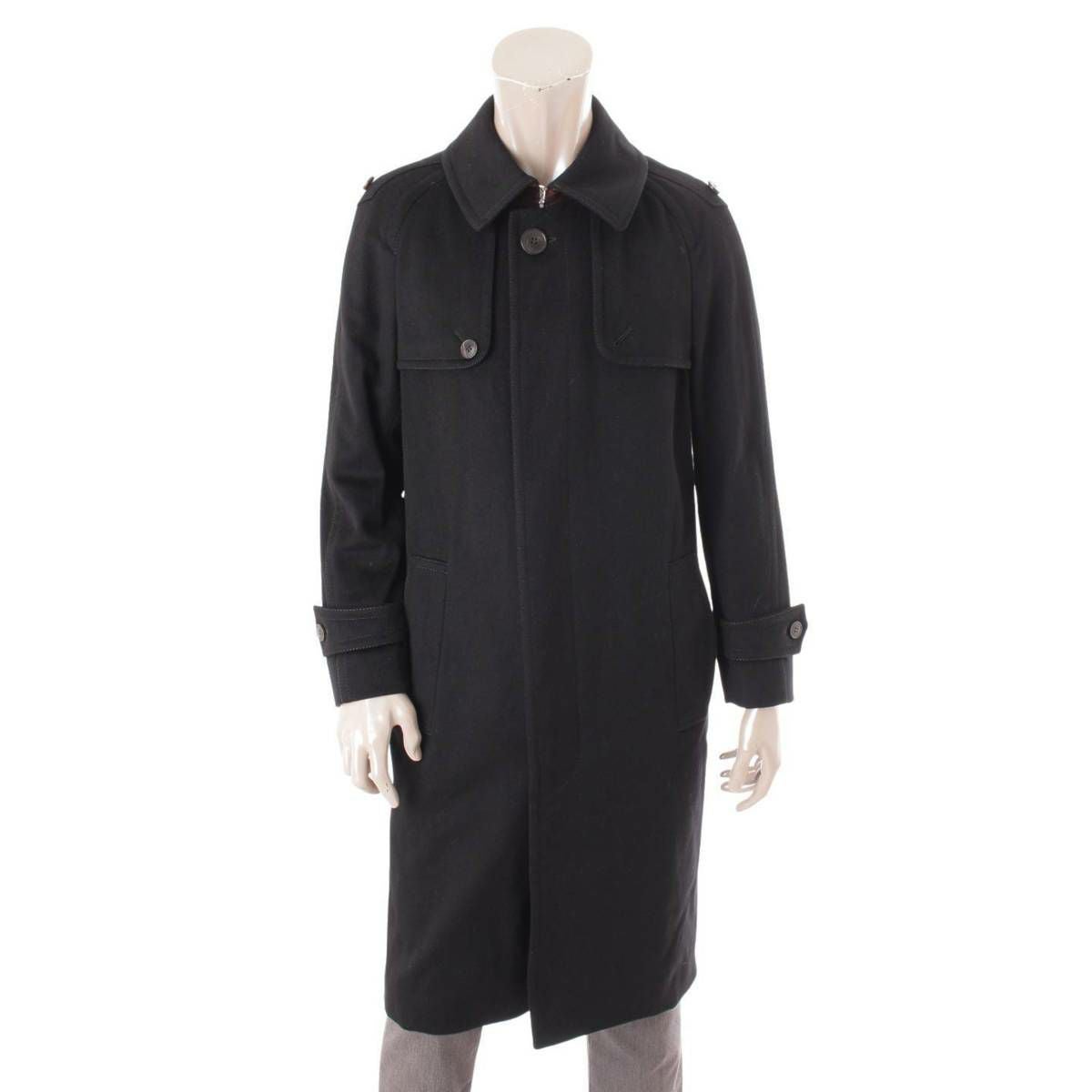 【美品】GUCCI グッチ　スタンドカラー　ロングコート　ウールカシミヤ黒 グッチ】Gucci メンズ ウール ロングコート ブラック 44 【中古