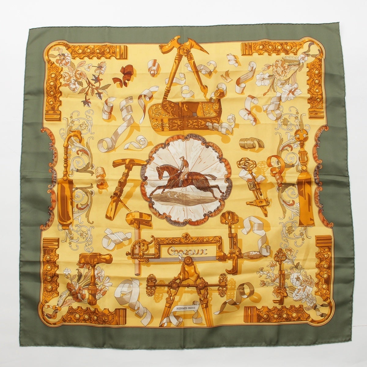 ☘️未使用に近い☘️HERMES カシミヤ カレ90　Copeaux おが屑 エルメス カレ90 COPEAUX おが屑 シルク スカーフ イエロー カーキ