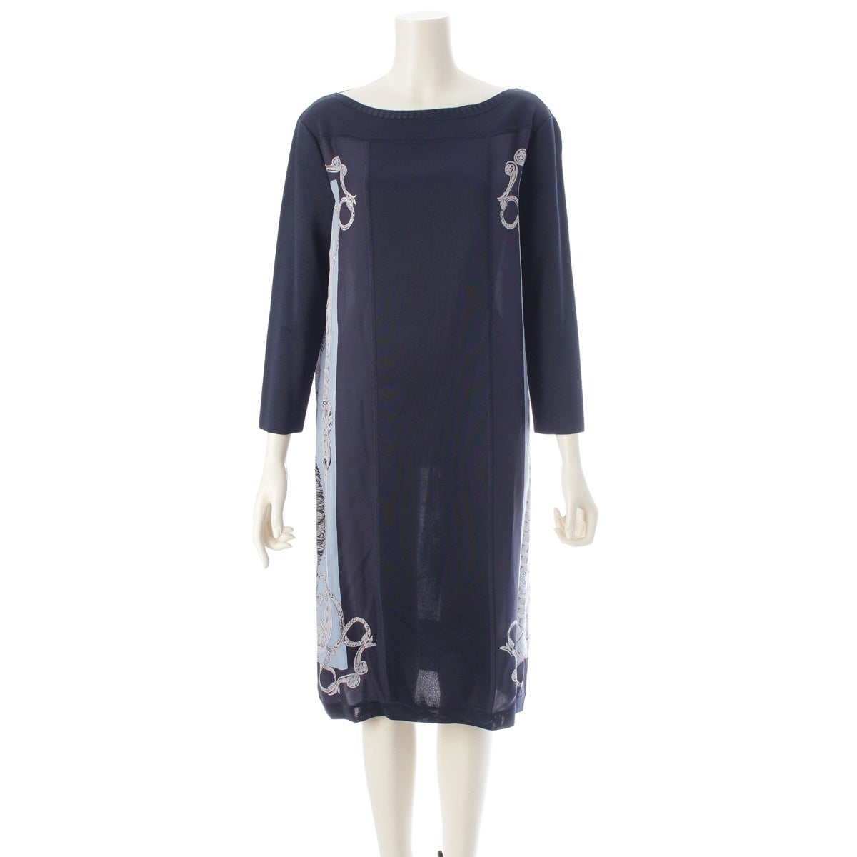 【極美品】HERMES エルメス ウールワンピース✨フランス製 ダークネイビー エルメス 20AW BRIDE DE COUR シルク ツイルレーヌ 長袖 ワンピース