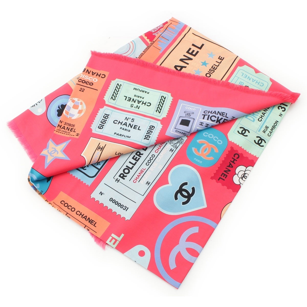 【新品未使用】シャネル　CHANEL ショール　ピンク　ホワイト シャネル コットン ×シルク TICKET ココマーク ロゴ 総柄 ストール