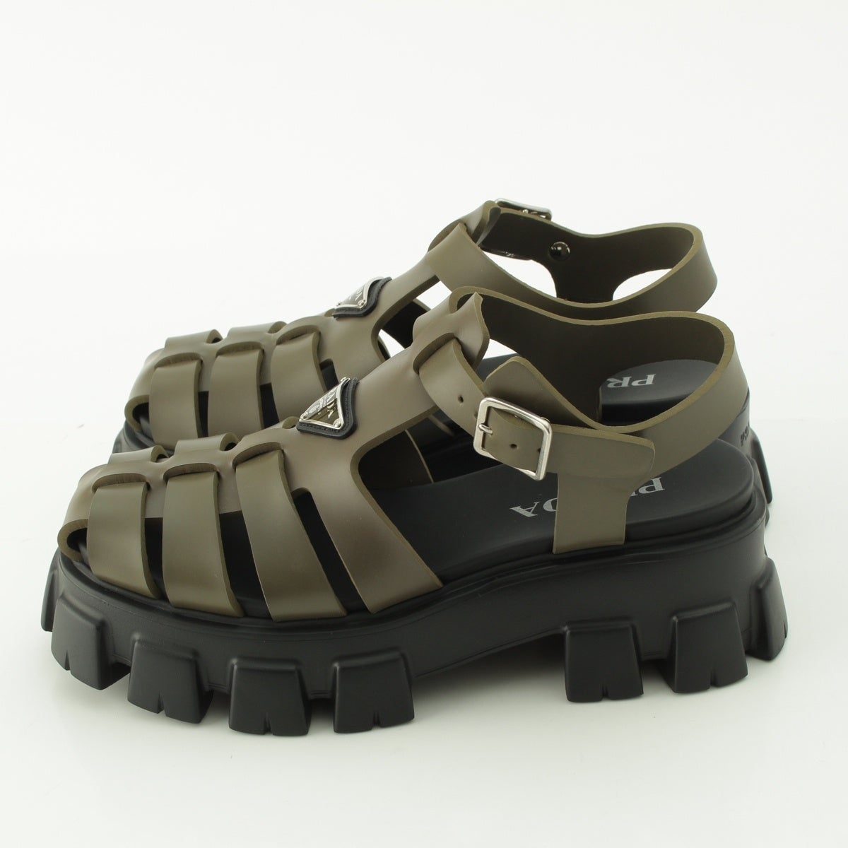 PRADA モノリス ラバーサンダル カーキ プラダ モノリス トライアングルロゴ バイカラー ラバー サンダル