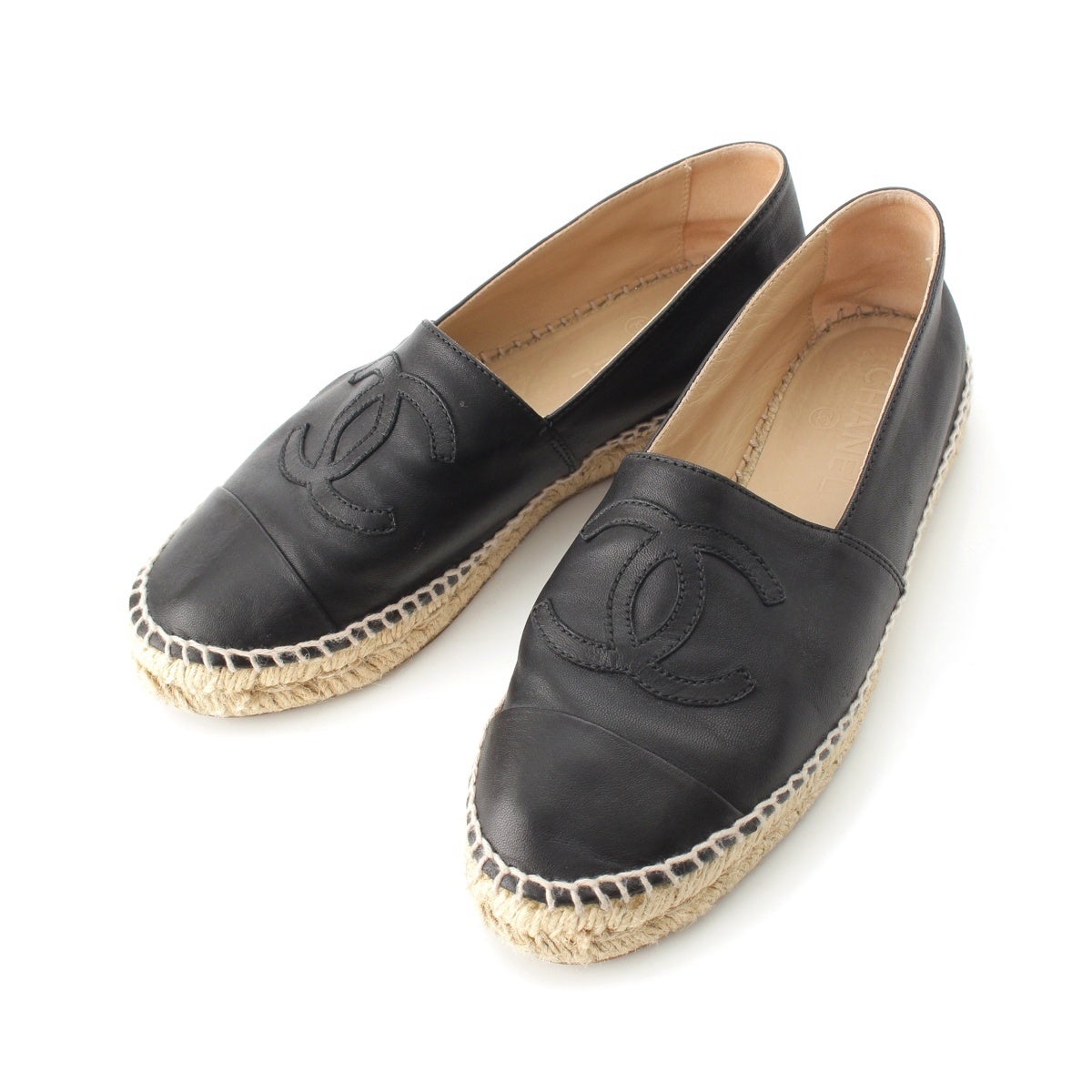 CHANEL シャネル ココマーク ブラックエスパドリーユ レザー 極美品 シャネル レザー ココマーク エスパドリーユ スリッポン ブラック 37