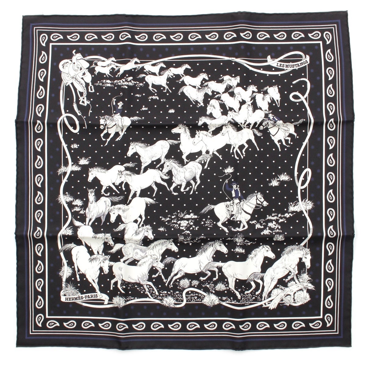 エルメス カレ55 Les Mustangs Bandana 野生馬 スカーフ エルメス カレ55 LES MUSTANGS BANDANA 野生馬 シルク バンダナ