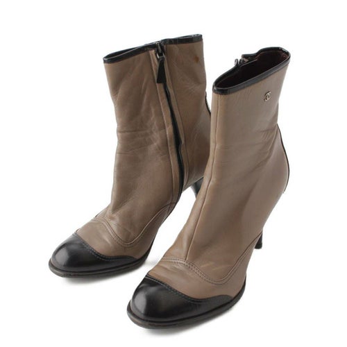 シャネル 02A ココマーク レザー ショートブーツ A20157 カーキ×ブラック 37 1/2