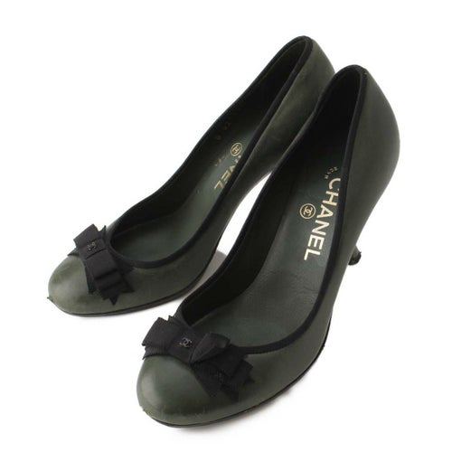 【シャネル】Chanel　ココマーク リボン レザー アーモンドトゥ パンプス G27191 カーキ 36 1/2 【中古】【鑑定済・正規品保証】198561