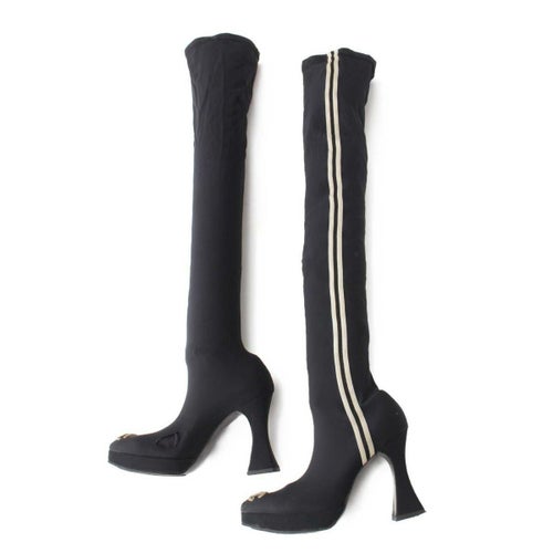 【シャネル】Chanel　サイドライン ココマーク ソックス ロングブーツ ブラック 【中古】【鑑定済・正規品保証】198555