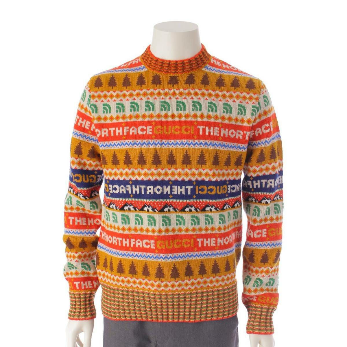 未使用品□GUCCI×THE NORTH FACE グッチ×ザ・ノースフェイス 676853 ロゴ入り クルーネック ロングスリーブ 長袖ニット ノルディックセーター イエロー系マルチカラー XS イタリア製 正規品 メンズ グッチ ノースフェイス コラボ メンズ ロゴ ニット セーター 676853
