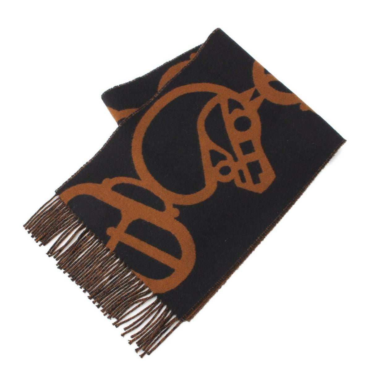 HERMES カシミヤ ブラックマフラー フリンジ付き エルメス Hermes カシミヤ バックル フリンジ リバーシブル マフラー