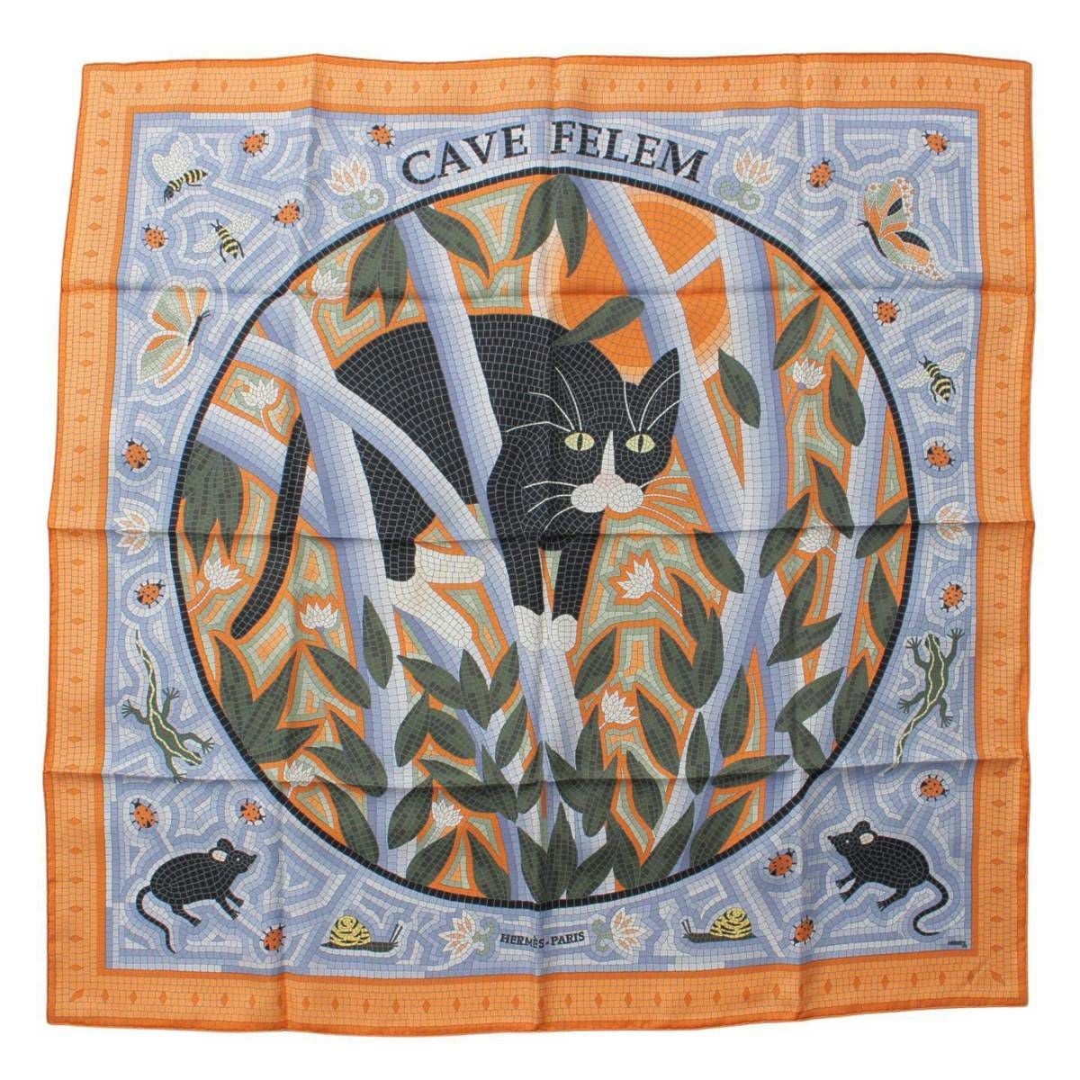 エルメス Hermes カレ90 シルクスカーフ CAVE FELEM 猫に注意 オレンジ