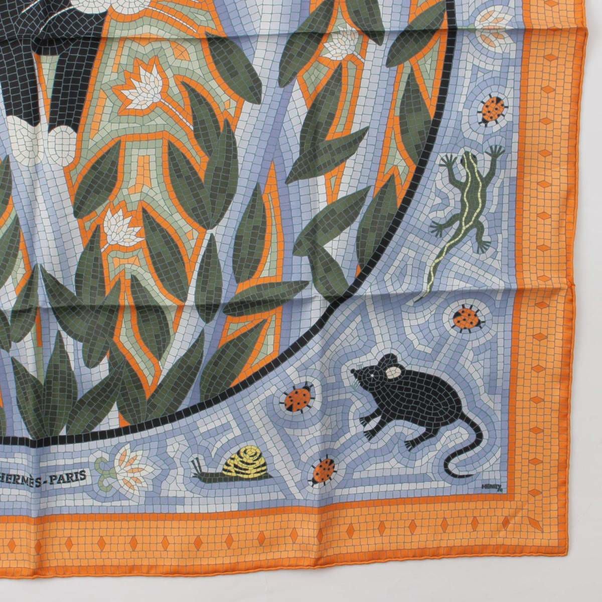 エルメス Hermes カレ90 シルクスカーフ CAVE FELEM 猫に注意 オレンジ