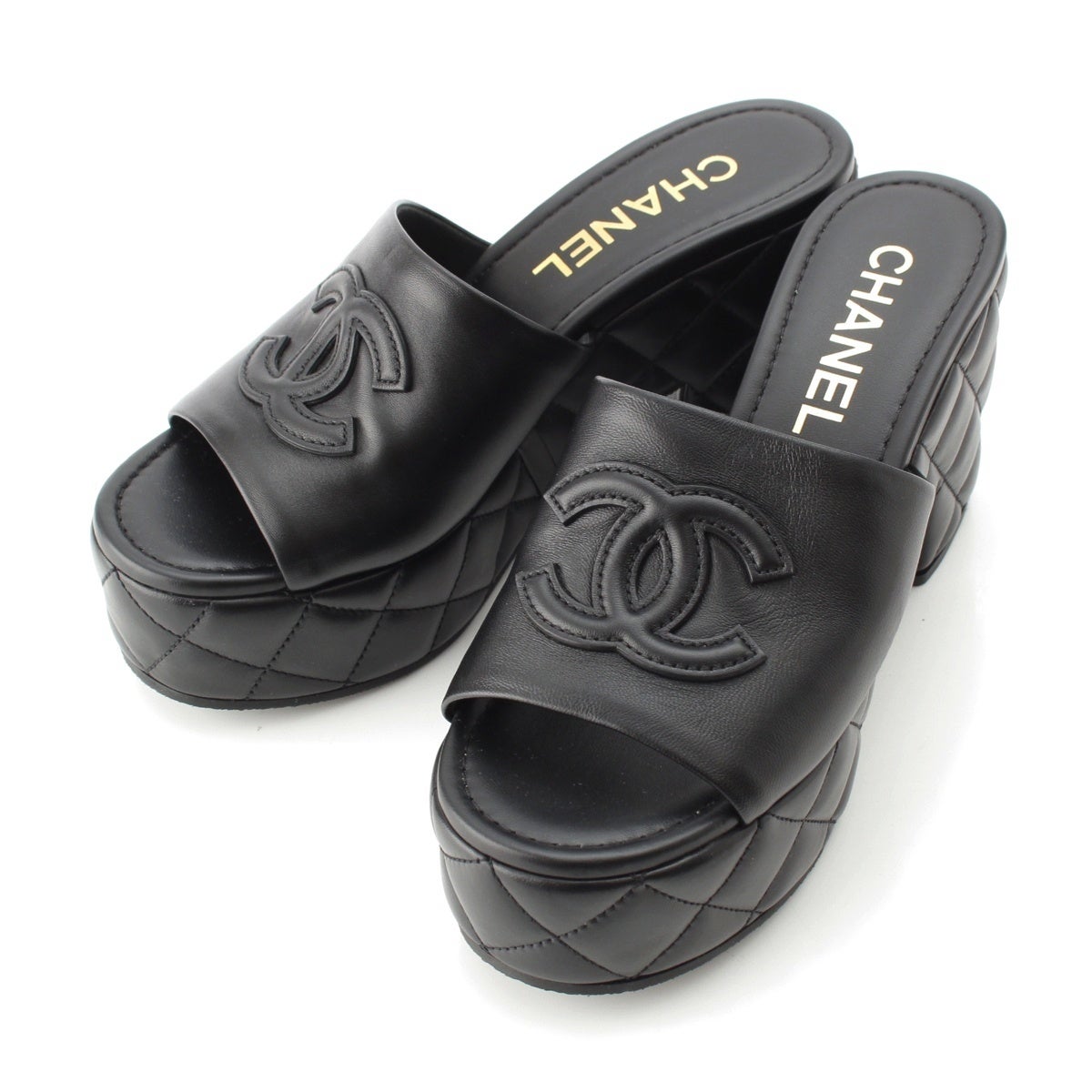 シャネル　CHANEL　ミュール　サンダル　靴　パンプス　マトラッセ　ココマーク シャネル レザー ココマーク マトラッセ ミュール 厚底 サンダル