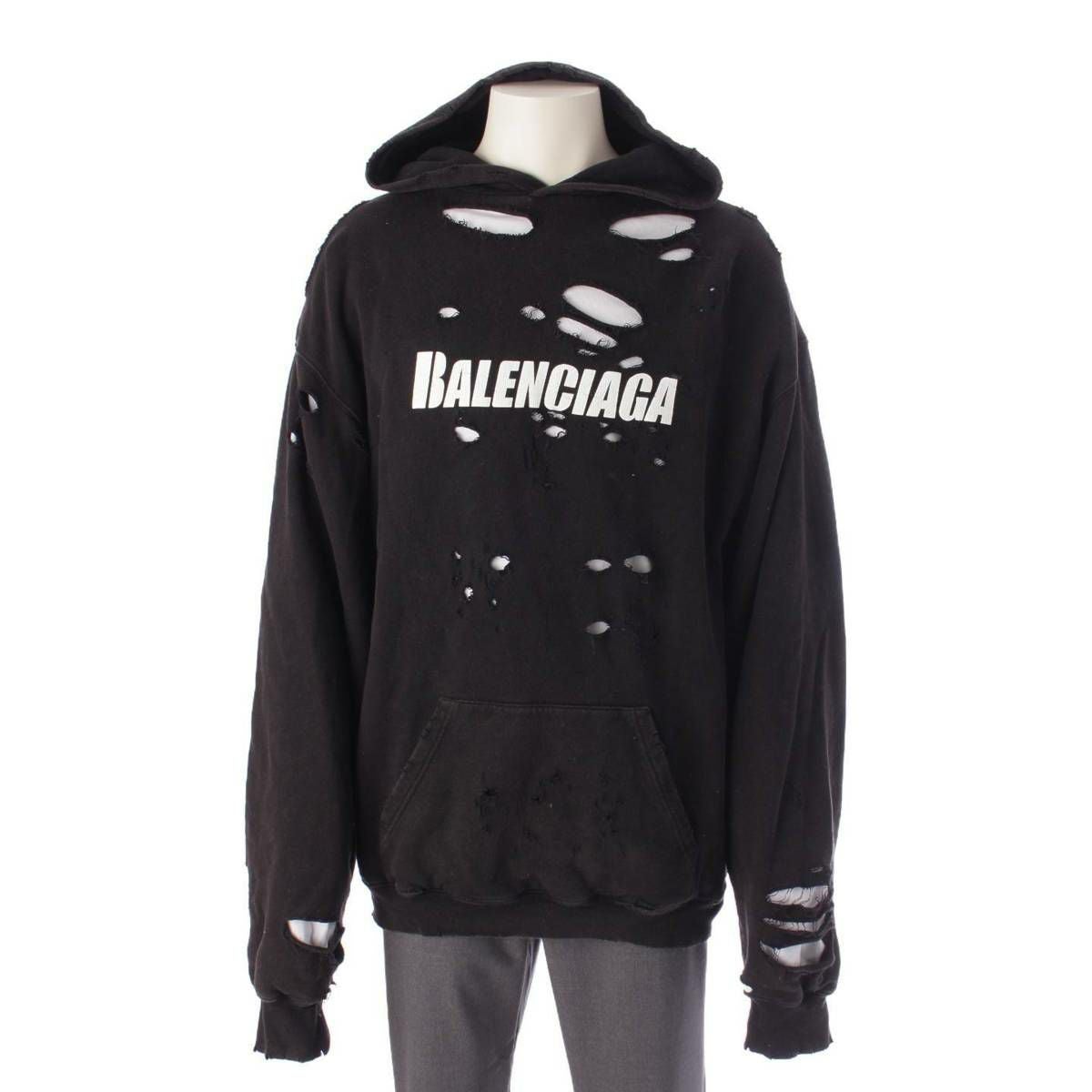 BALENCIAGA デストロイパーカー　ブラック 中古・古着通販】BALENCIAGA (バレンシアガ) デストロイ加工ロゴ