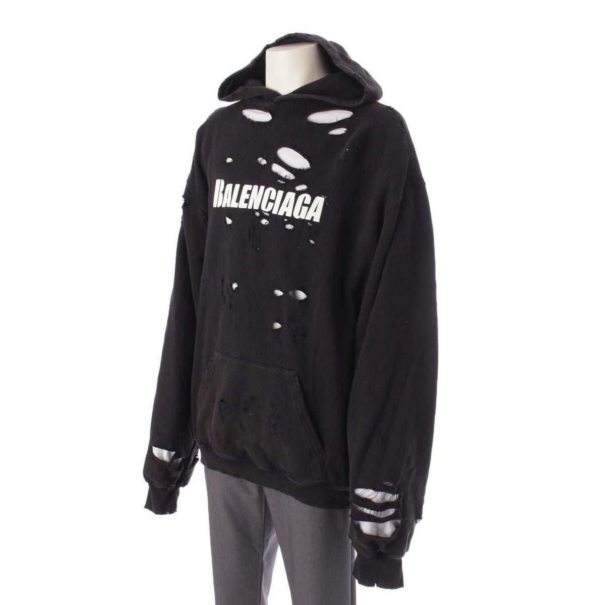 BALENCIAGA デストロイパーカー　ブラック 中古・古着通販】BALENCIAGA (バレンシアガ) デストロイ加工ロゴ