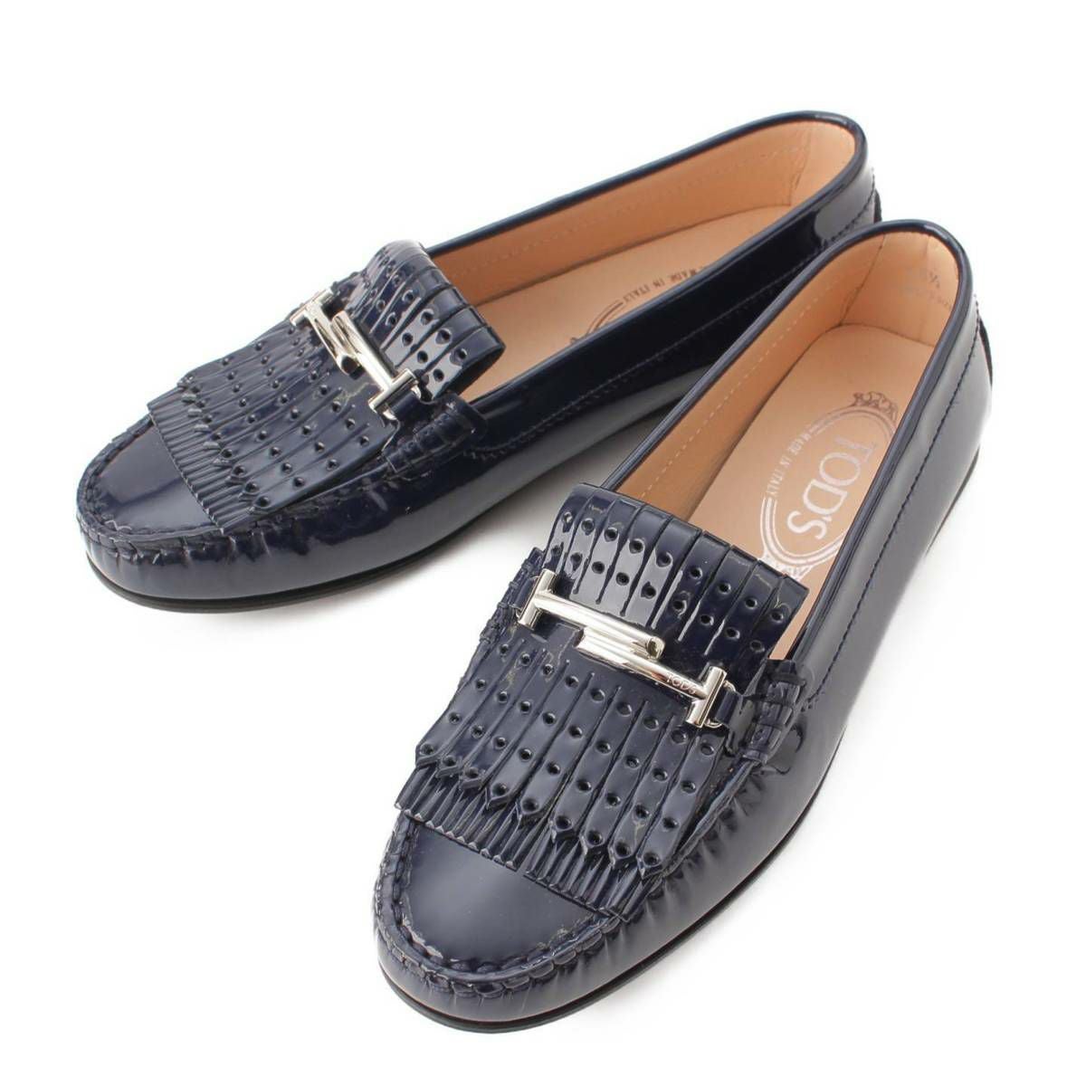 【美品】TOD'S ネイビー パテントレザー ローファー トッズ Tods ダブルT タッセル パテントレザー ローファー ネイビー 36