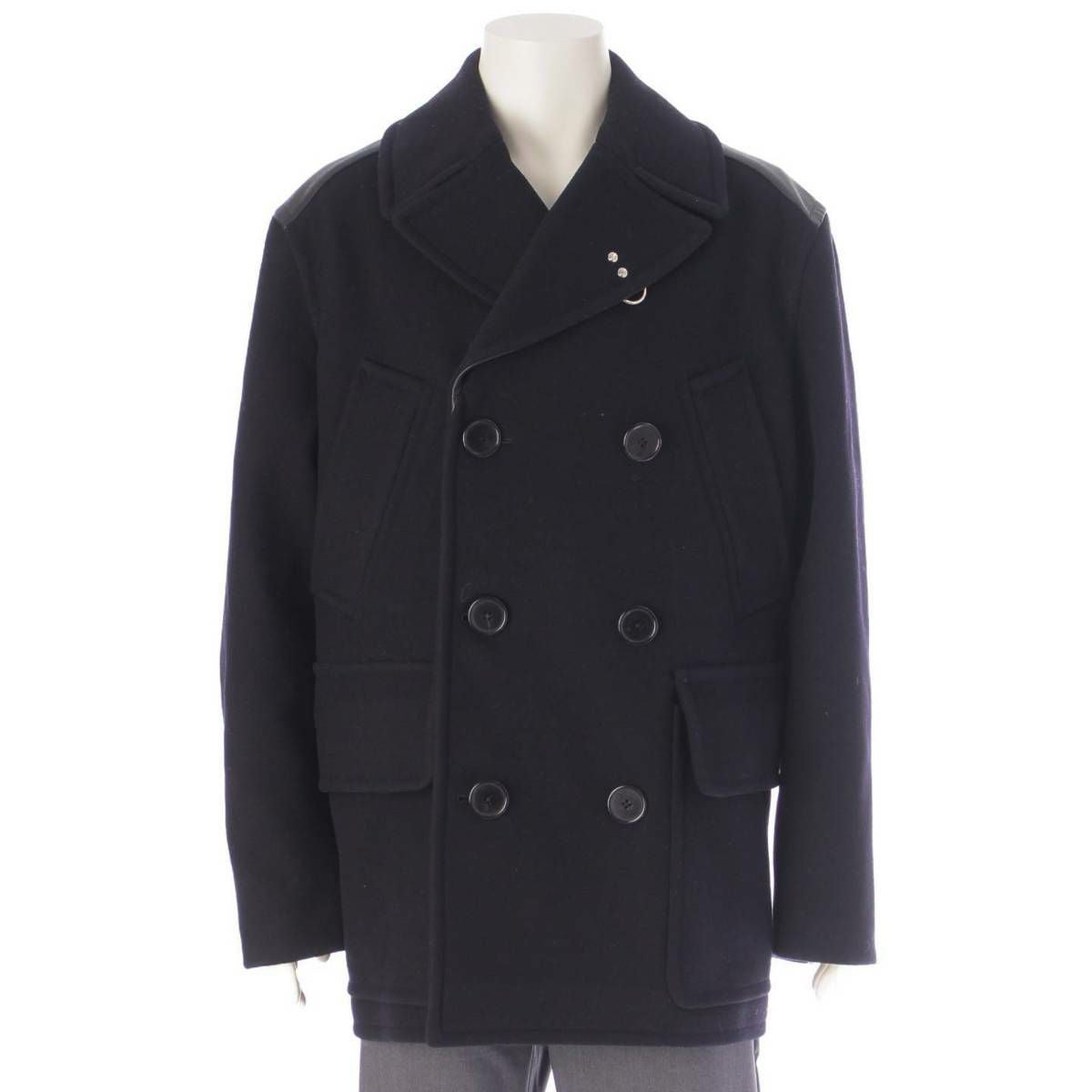 エルメス 23AW メンズ ウール×カーフスキン 切り替え ピーコート