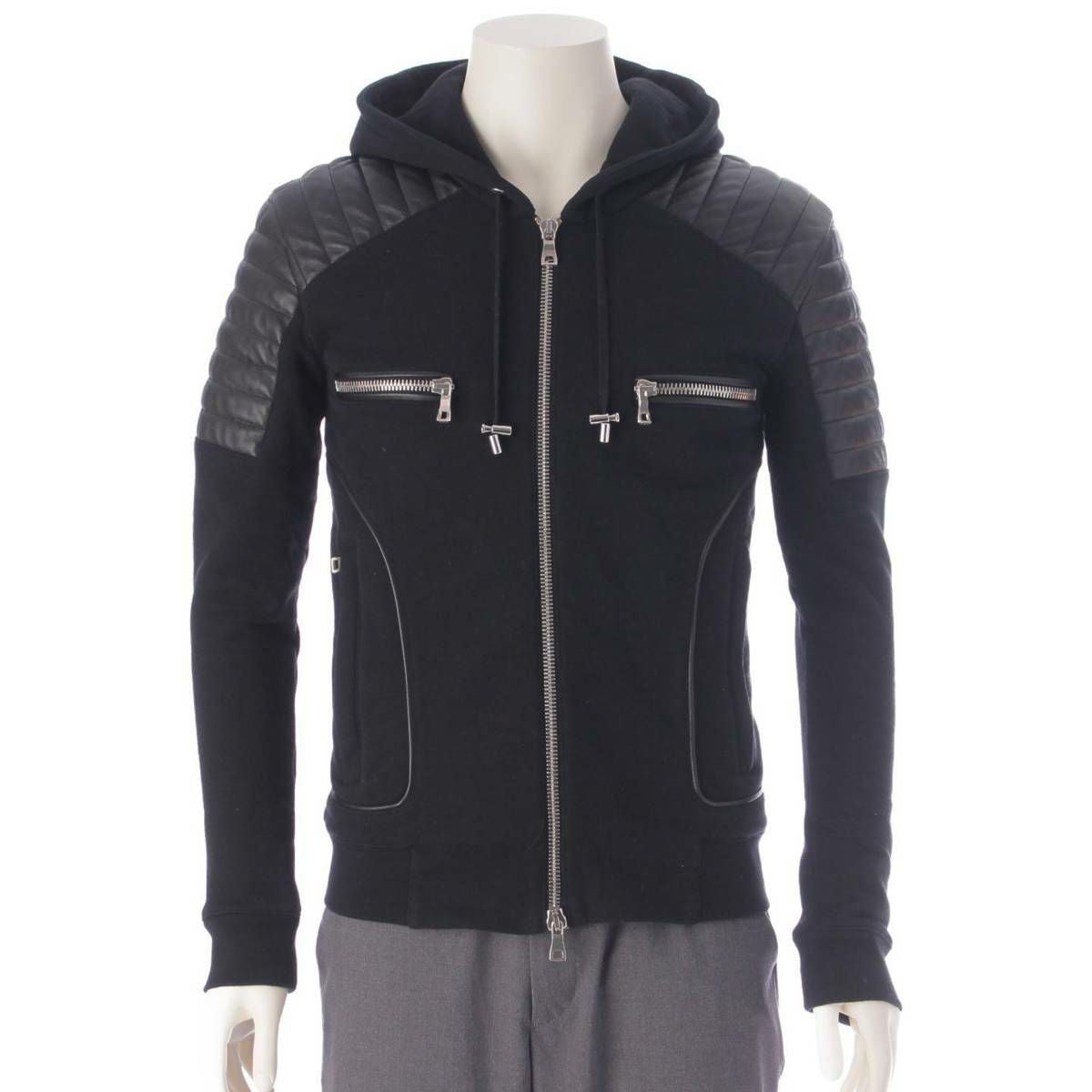 バルマン Balmain メンズ レザー 切替 ジップアップ バイカー パーカー