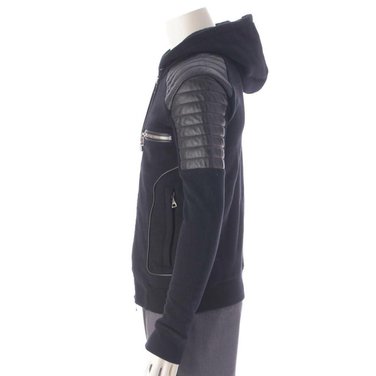 バルマン Balmain メンズ レザー 切替 ジップアップ バイカー パーカー